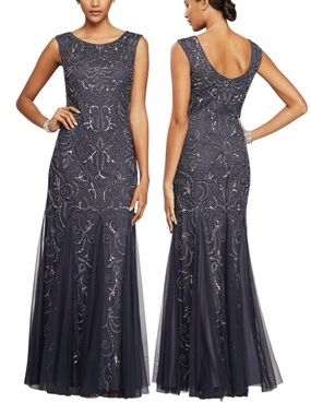 Adrianna Papell Navy Charcoal Beaded Formal Prom Dress Gatsby Sequin Gown